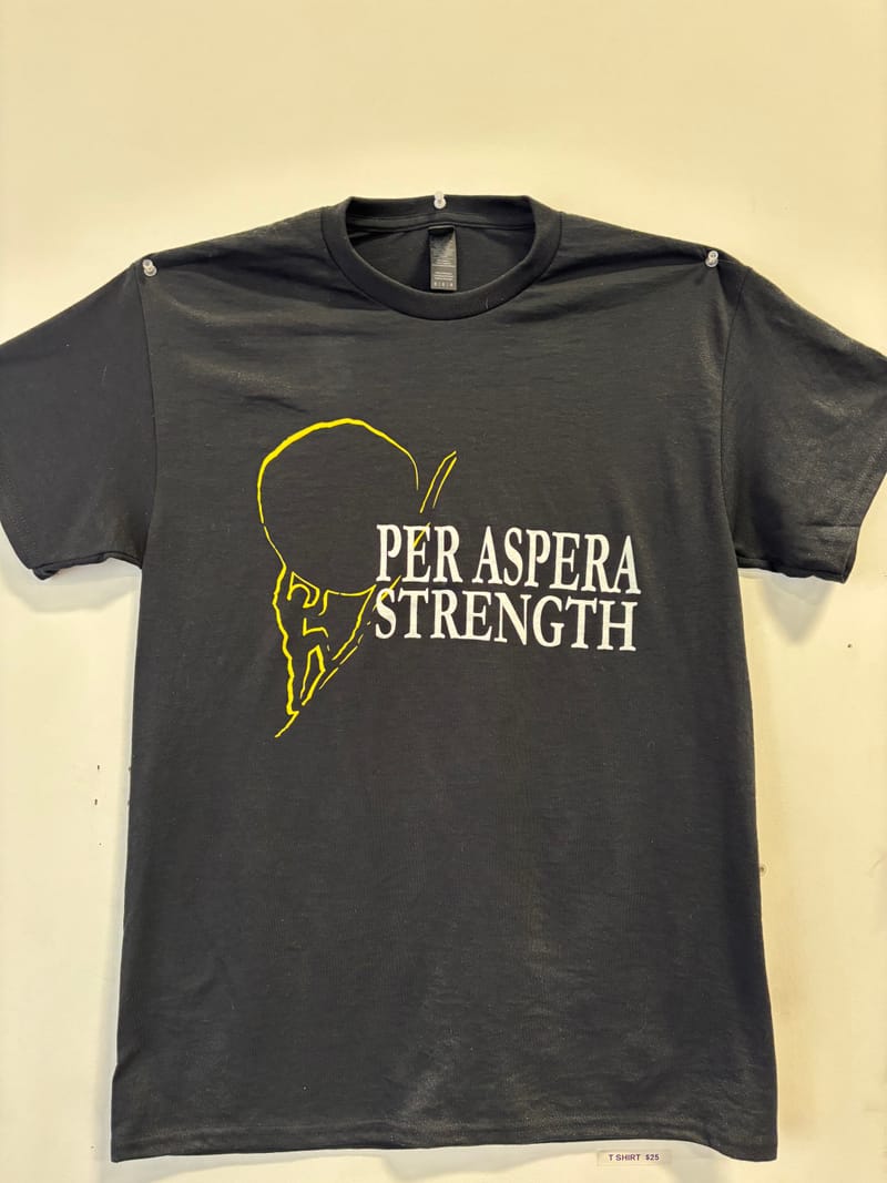Black Per Aspera Strength t-shirt with the yellow Sisyphus logo