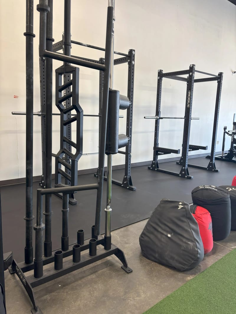 Specialty barbell rack with safety squat bars and logs