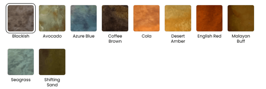 Standard acid-stain colors: Blackish, Avocado, Azure Blue, Coffee Brown, Cola, Desert Amber, English Red, Malayan Buff, Seagrass, Shifting Sand